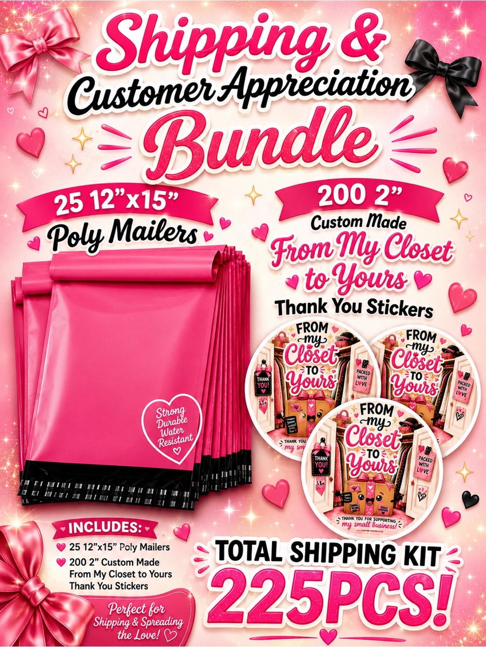 225PC Bundle 25 12x15” Poly Mailers & 200 2” Thank You Stickers